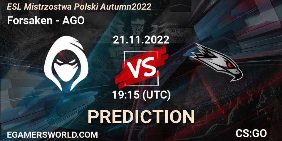 Forsaken - AGO: ennuste. 21.11.2022 at 19:15, Counter-Strike (CS2), ESL Mistrzostwa Polski Autumn 2022