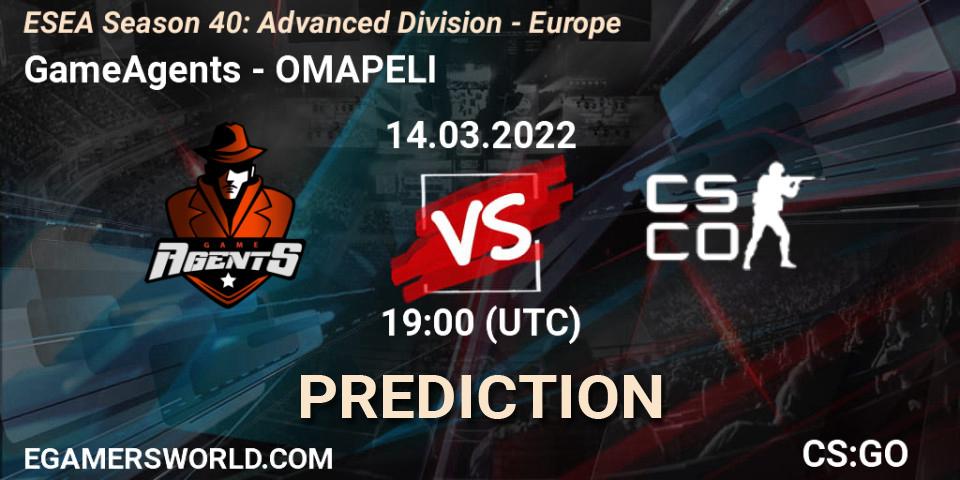 GameAgents - OMAPELI: ennuste. 14.03.2022 at 19:00, Counter-Strike (CS2), ESEA Season 40: Advanced Division - Europe