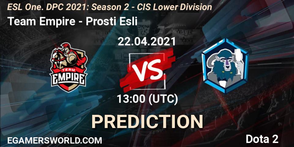 Team Empire - Prosti Esli: ennuste. 22.04.2021 at 12:55, Dota 2, ESL One. DPC 2021: Season 2 - CIS Lower Division