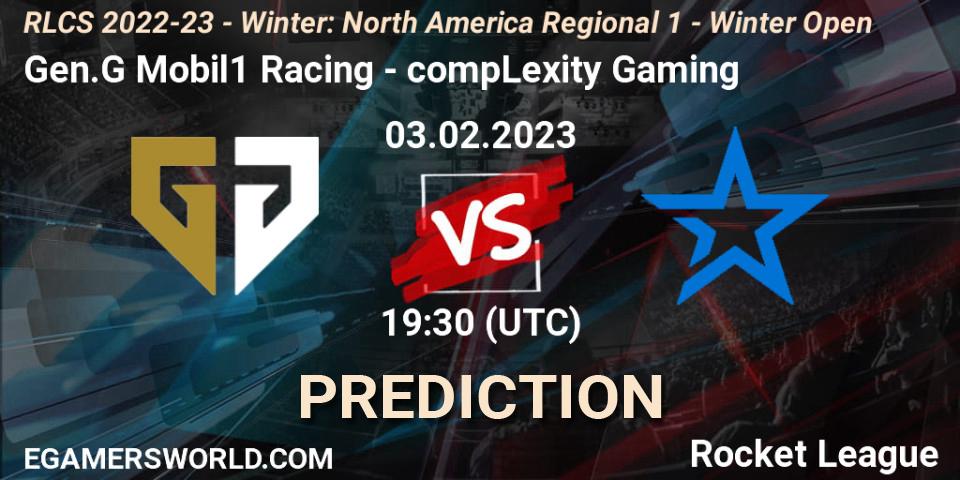 Gen.G Mobil1 Racing - compLexity Gaming: ennuste. 03.02.2023 at 19:30, Rocket League, RLCS 2022-23 - Winter: North America Regional 1 - Winter Open