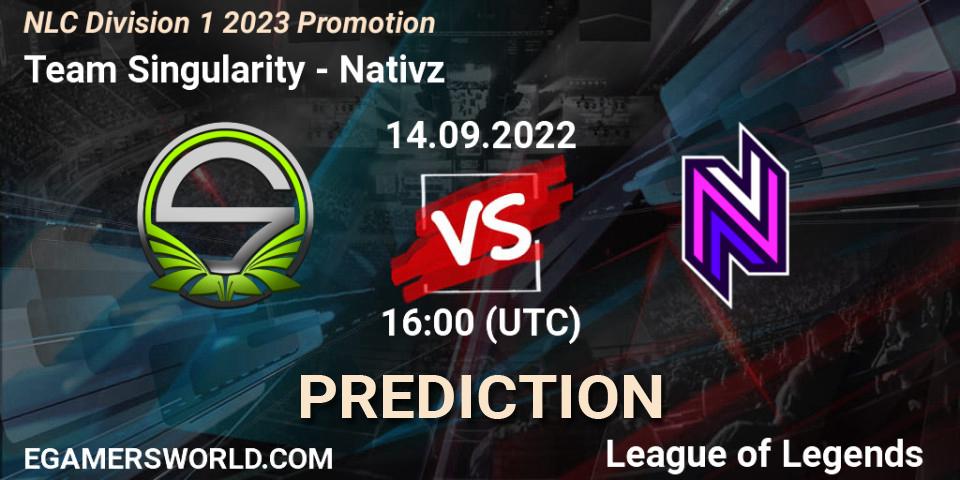 Team Singularity - Nativz: ennuste. 14.09.2022 at 16:00, LoL, NLC Division 1 2023 Promotion