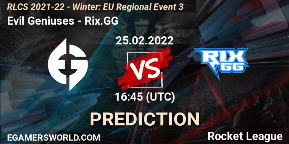 Evil Geniuses - Rix.GG: ennuste. 25.02.2022 at 16:45, Rocket League, RLCS 2021-22 - Winter: EU Regional Event 3