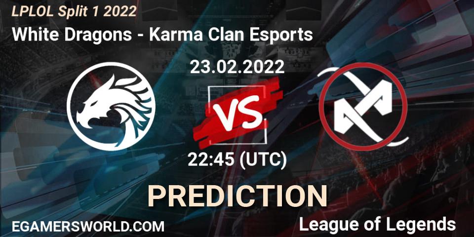 White Dragons - Karma Clan Esports: ennuste. 23.02.2022 at 22:45, LoL, LPLOL Split 1 2022