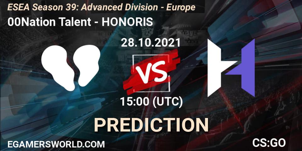 00Nation Talent - HONORIS: ennuste. 28.10.2021 at 15:00, Counter-Strike (CS2), ESEA Season 39: Advanced Division - Europe