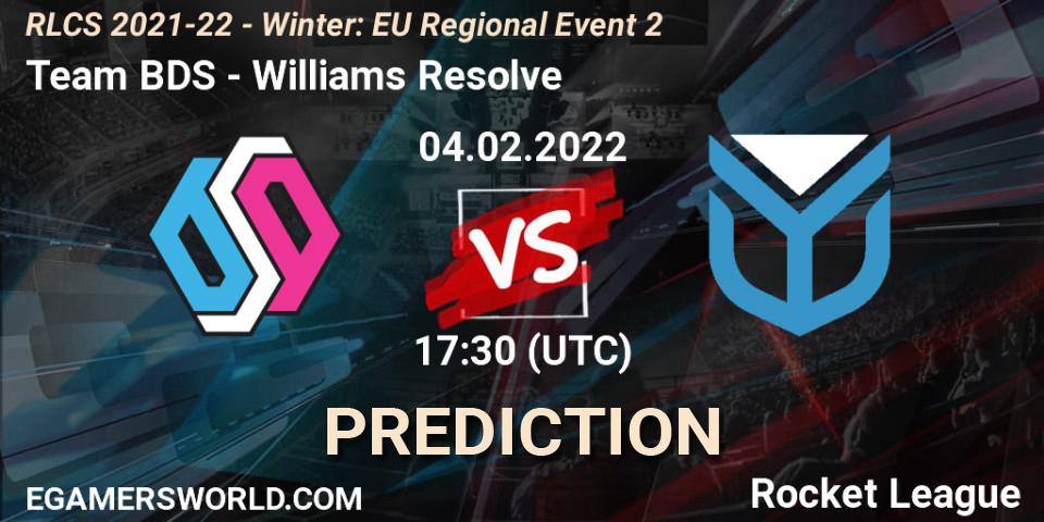 Team BDS - Williams Resolve: ennuste. 04.02.2022 at 17:30, Rocket League, RLCS 2021-22 - Winter: EU Regional Event 2