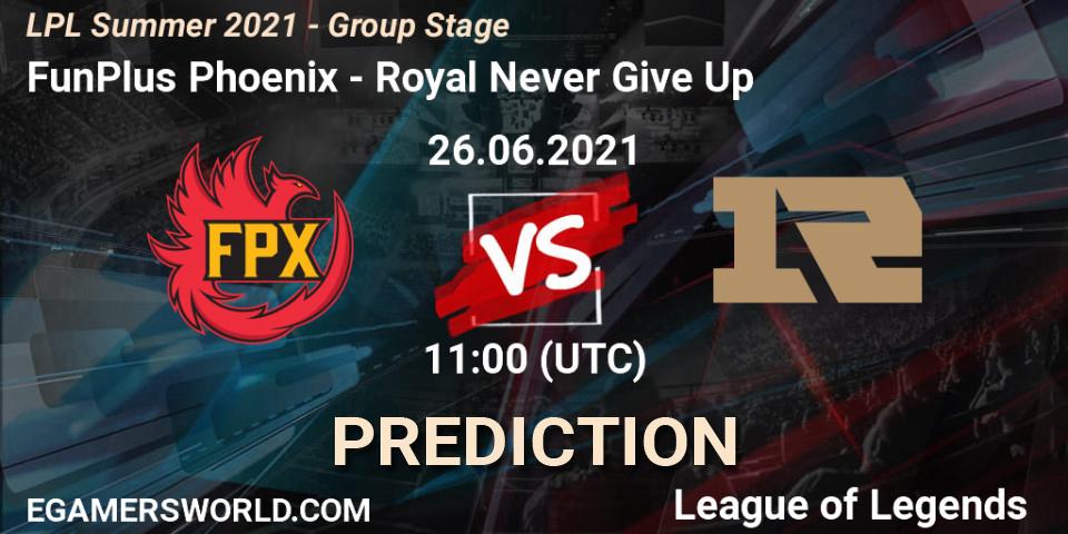 FunPlus Phoenix - Royal Never Give Up: ennuste. 26.06.2021 at 11:00, LoL, LPL Summer 2021 - Group Stage
