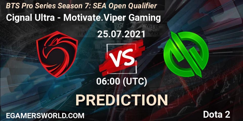 Cignal Ultra - Motivate.Viper Gaming: ennuste. 25.07.2021 at 06:00, Dota 2, BTS Pro Series Season 7: SEA Open Qualifier