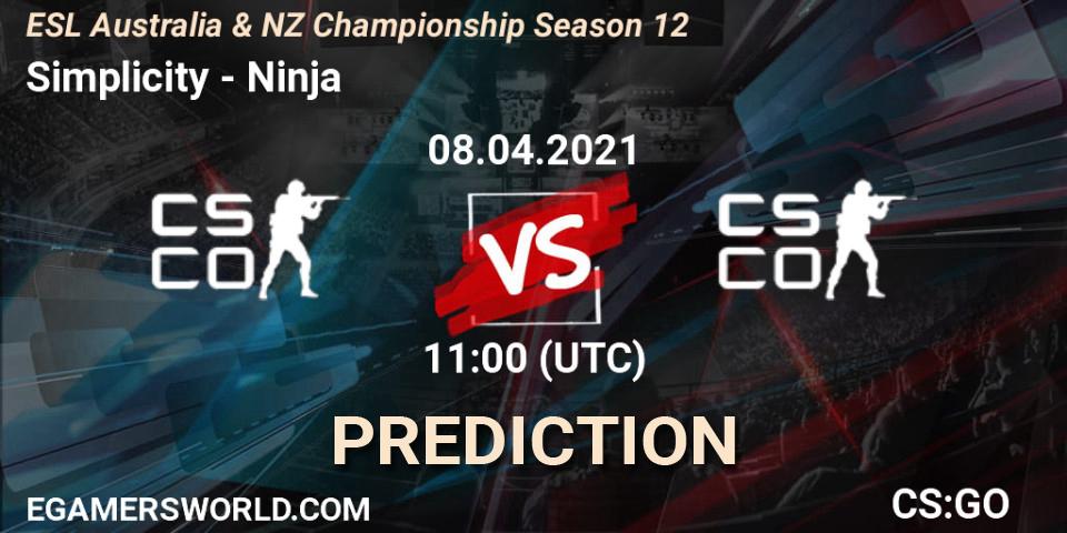 Simplicity - Ninja: ennuste. 08.04.2021 at 11:40, Counter-Strike (CS2), ESL Australia & NZ Championship Season 12