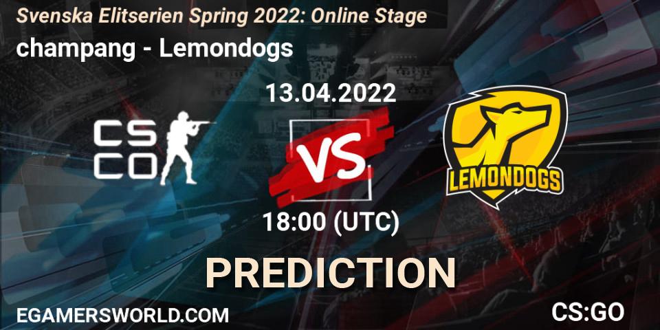 champang - Lemondogs: ennuste. 13.04.2022 at 18:00, Counter-Strike (CS2), Svenska Elitserien Spring 2022: Online Stage