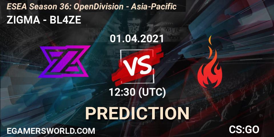 ZIGMA - BL4ZE: ennuste. 01.04.2021 at 12:30, Counter-Strike (CS2), ESEA Season 36: Open Division - Asia-Pacific