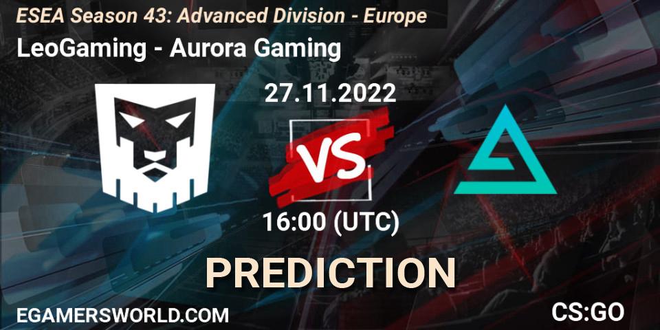 LeoGaming - Aurora: ennuste. 27.11.2022 at 16:00, Counter-Strike (CS2), ESEA Season 43: Advanced Division - Europe