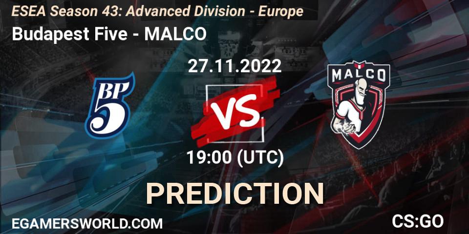 Budapest Five - MALCO: ennuste. 27.11.22, CS2 (CS:GO), ESEA Season 43: Advanced Division - Europe