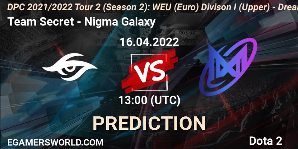 Team Secret - Nigma Galaxy: ennuste. 16.04.2022 at 12:57, Dota 2, DPC 2021/2022 Tour 2 (Season 2): WEU (Euro) Divison I (Upper) - DreamLeague Season 17