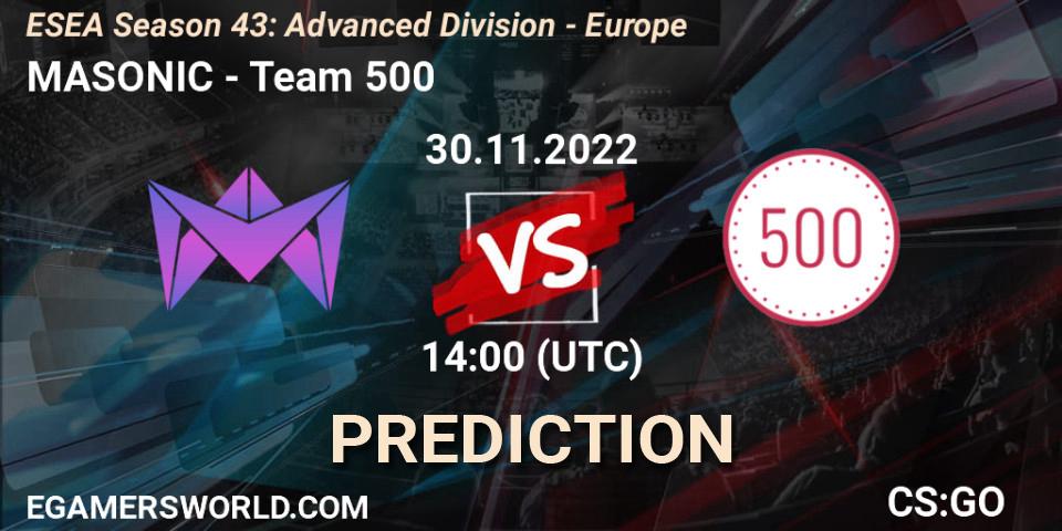 MASONIC - Team 500: ennuste. 30.11.2022 at 14:00, Counter-Strike (CS2), ESEA Season 43: Advanced Division - Europe