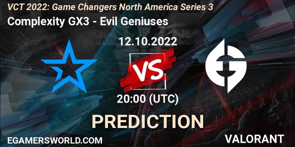 Complexity GX3 - Evil Geniuses: ennuste. 12.10.2022 at 20:10, VALORANT, VCT 2022: Game Changers North America Series 3