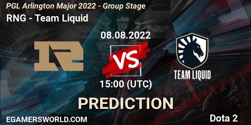 RNG - Team Liquid: ennuste. 08.08.2022 at 15:00, Dota 2, PGL Arlington Major 2022 - Group Stage