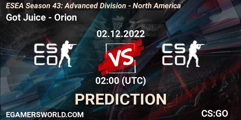 Got Juice - Orion: ennuste. 02.12.22, CS2 (CS:GO), ESEA Season 43: Advanced Division - North America