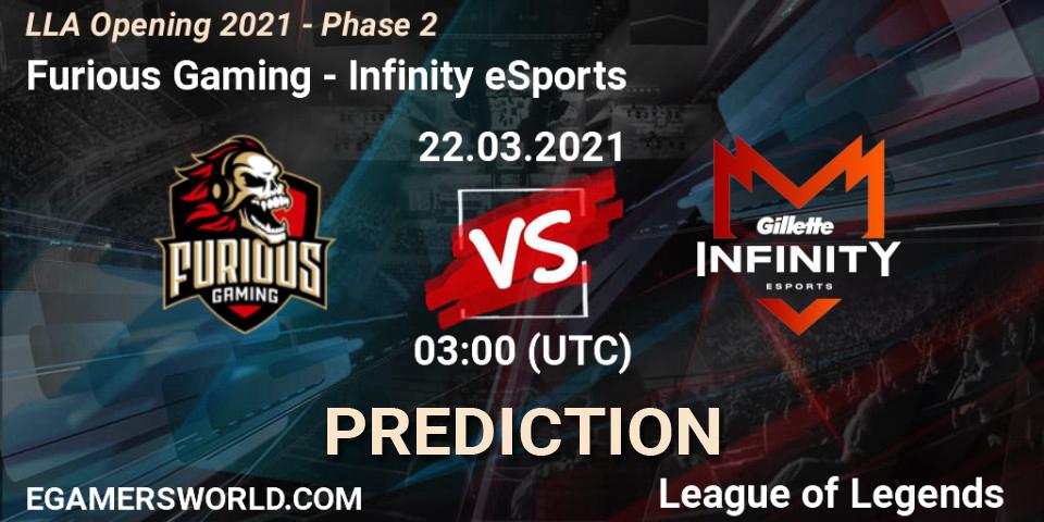 Furious Gaming - Infinity eSports: ennuste. 22.03.2021 at 03:00, LoL, LLA Opening 2021 - Phase 2