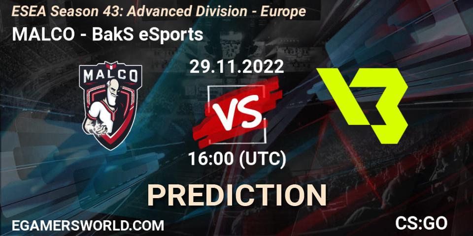 MALCO - BakS eSports: ennuste. 29.11.22, CS2 (CS:GO), ESEA Season 43: Advanced Division - Europe