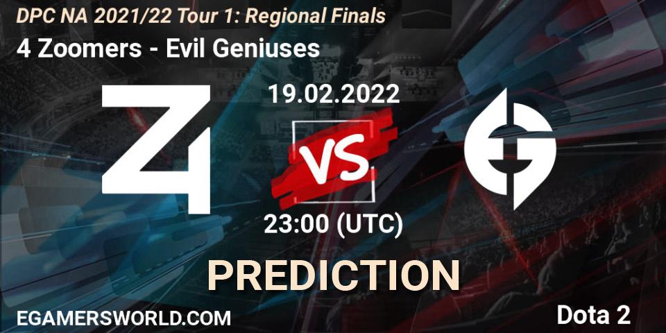 4 Zoomers - Evil Geniuses: ennuste. 19.02.2022 at 23:03, Dota 2, DPC NA 2021/22 Tour 1: Regional Finals