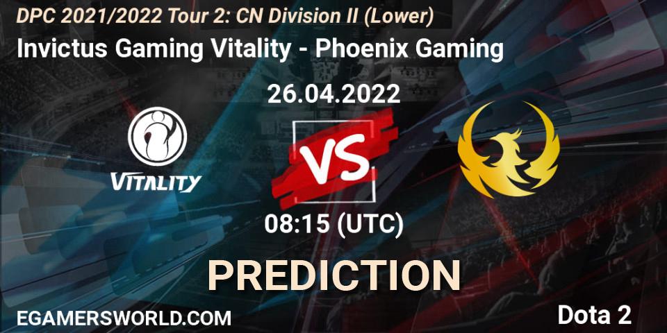 Invictus Gaming Vitality - Phoenix Gaming: ennuste. 26.04.2022 at 08:22, Dota 2, DPC 2021/2022 Tour 2: CN Division II (Lower)