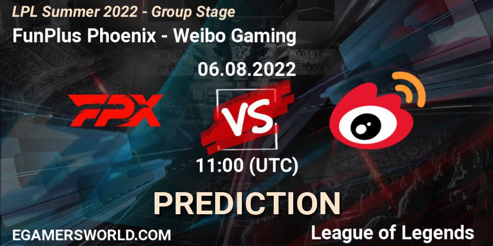 FunPlus Phoenix - Weibo Gaming: ennuste. 06.08.2022 at 12:00, LoL, LPL Summer 2022 - Group Stage
