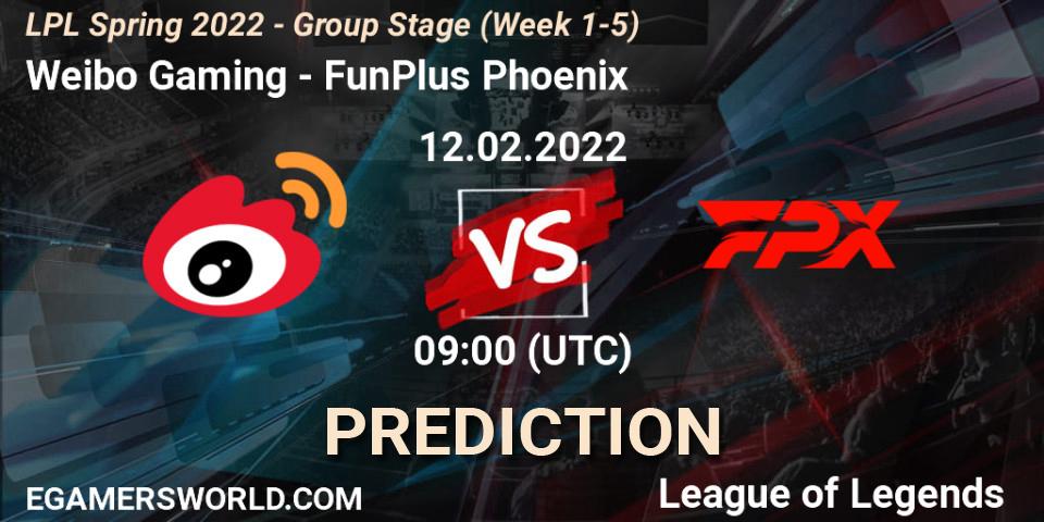 Weibo Gaming - FunPlus Phoenix: ennuste. 12.02.2022 at 09:00, LoL, LPL Spring 2022 - Group Stage (Week 1-5)