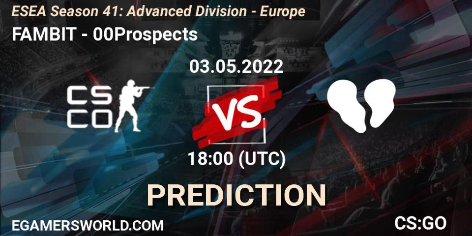 FAMBIT - 00Prospects: ennuste. 03.05.2022 at 18:00, Counter-Strike (CS2), ESEA Season 41: Advanced Division - Europe