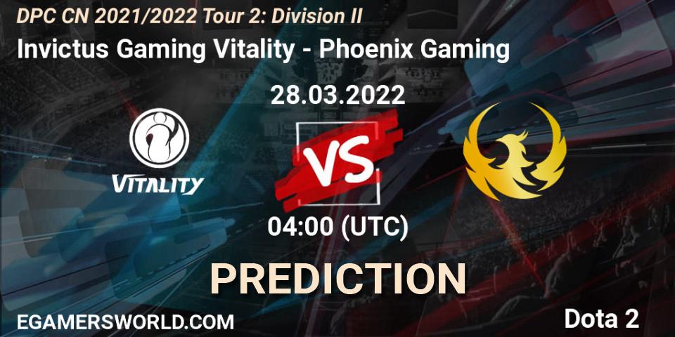 Invictus Gaming Vitality - Phoenix Gaming: ennuste. 28.03.2022 at 04:04, Dota 2, DPC 2021/2022 Tour 2: CN Division II (Lower)