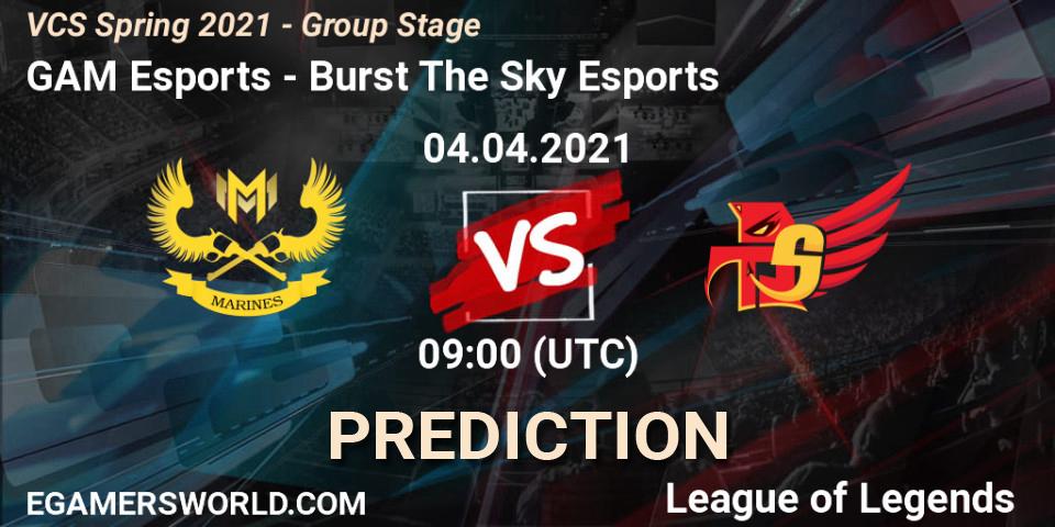 GAM Esports - Burst The Sky Esports: ennuste. 04.04.2021 at 10:00, LoL, VCS Spring 2021 - Group Stage