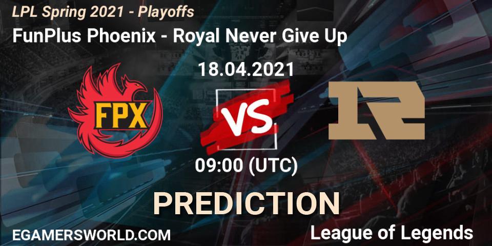 FunPlus Phoenix - Royal Never Give Up: ennuste. 18.04.2021 at 09:00, LoL, LPL Spring 2021 - Playoffs