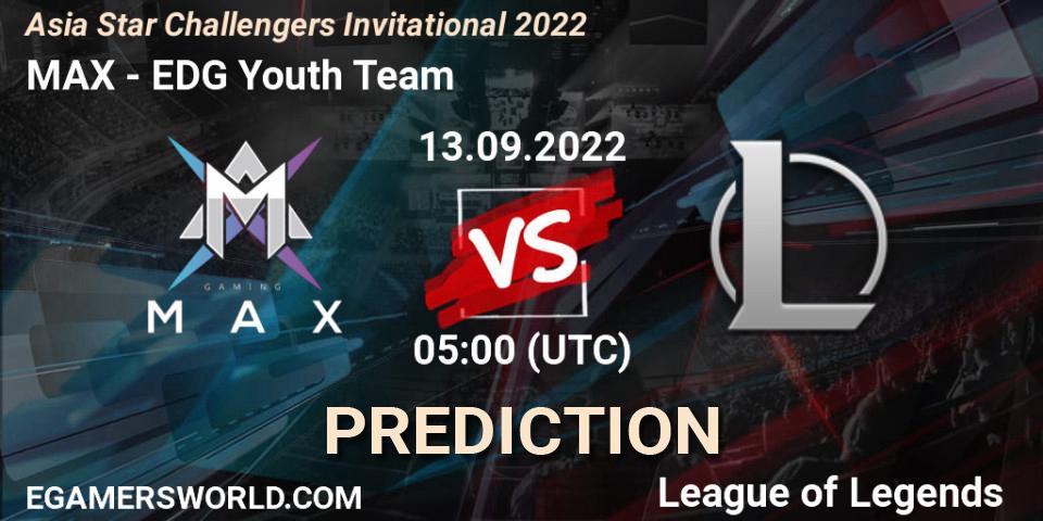 MAX - EDward Gaming Youth Team: ennuste. 13.09.2022 at 05:00, LoL, Asia Star Challengers Invitational 2022