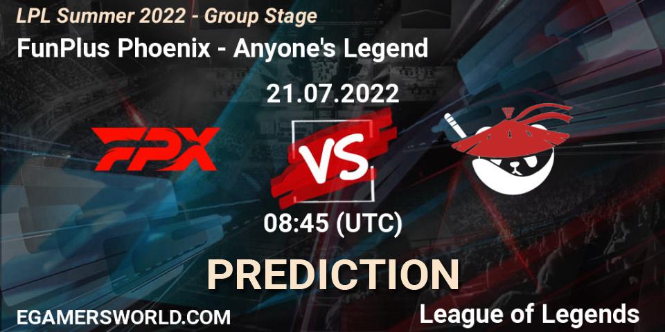 FunPlus Phoenix - Anyone's Legend: ennuste. 21.07.22, LoL, LPL Summer 2022 - Group Stage