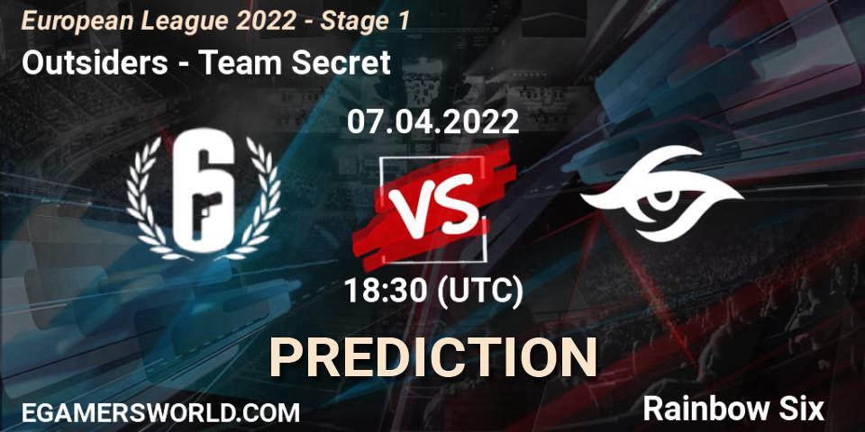 Outsiders - Team Secret: ennuste. 07.04.2022 at 16:00, Rainbow Six, European League 2022 - Stage 1