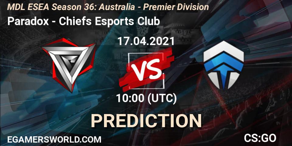 Paradox - Chiefs Esports Club: ennuste. 17.04.2021 at 10:00, Counter-Strike (CS2), MDL ESEA Season 36: Australia - Premier Division