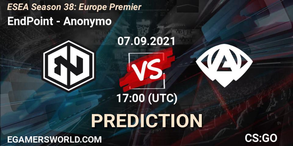 EndPoint - Anonymo: ennuste. 07.09.2021 at 17:00, Counter-Strike (CS2), ESEA Season 38: Europe Premier