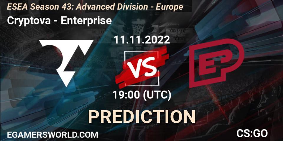 Cryptova - Enterprise: ennuste. 11.11.2022 at 19:00, Counter-Strike (CS2), ESEA Season 43: Advanced Division - Europe