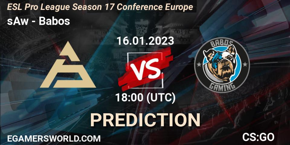 sAw - Babos: ennuste. 16.01.2023 at 19:30, Counter-Strike (CS2), ESL Pro League Season 17 Conference Europe
