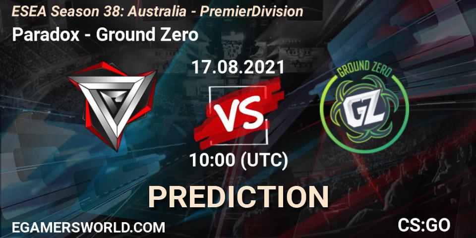 Paradox - Ground Zero: ennuste. 17.08.2021 at 10:00, Counter-Strike (CS2), ESEA Season 38: Australia - Premier Division