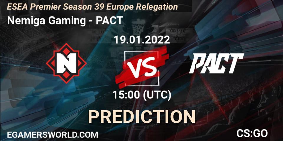 Nemiga Gaming - PACT: ennuste. 19.01.2022 at 15:00, Counter-Strike (CS2), ESEA Premier Season 39 Europe Relegation