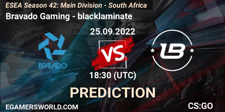 Bravado Gaming - blacklaminate: ennuste. 26.09.2022 at 17:30, Counter-Strike (CS2), ESEA Season 42: Main Division - South Africa