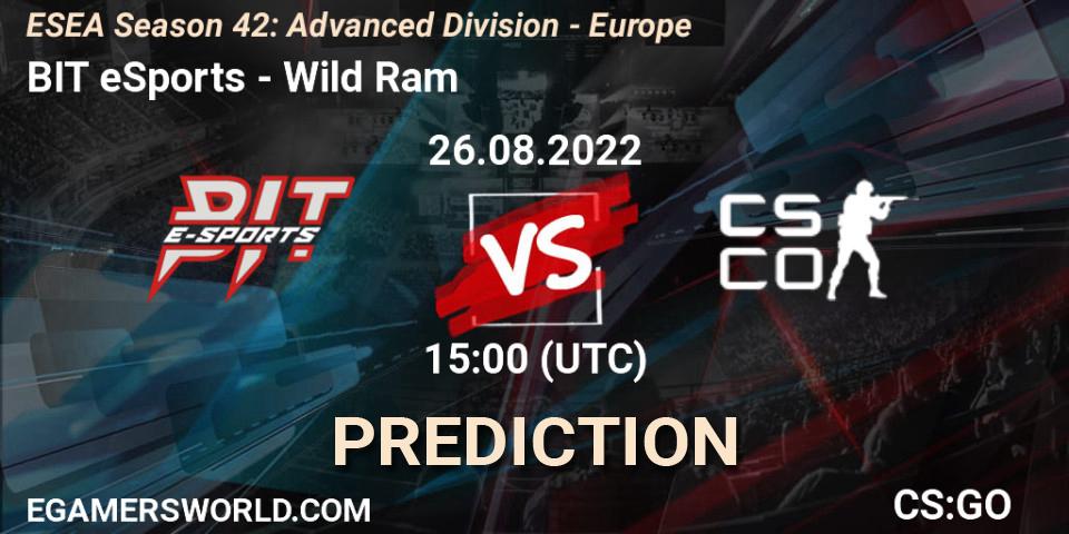 BIT eSports - Wild Ram: ennuste. 26.08.2022 at 15:00, Counter-Strike (CS2), ESEA Season 42: Advanced Division - Europe