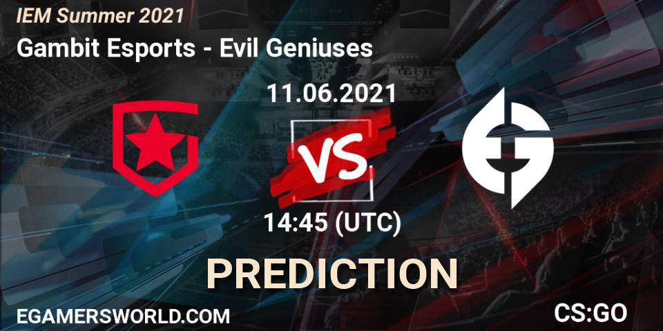 Gambit Esports - Evil Geniuses: ennuste. 11.06.2021 at 18:00, Counter-Strike (CS2), IEM Summer 2021