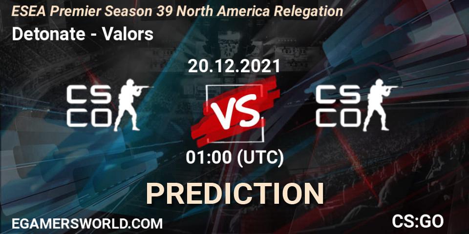 Detonate - Valors: ennuste. 20.12.2021 at 02:30, Counter-Strike (CS2), ESEA Premier Season 39 North America Relegation