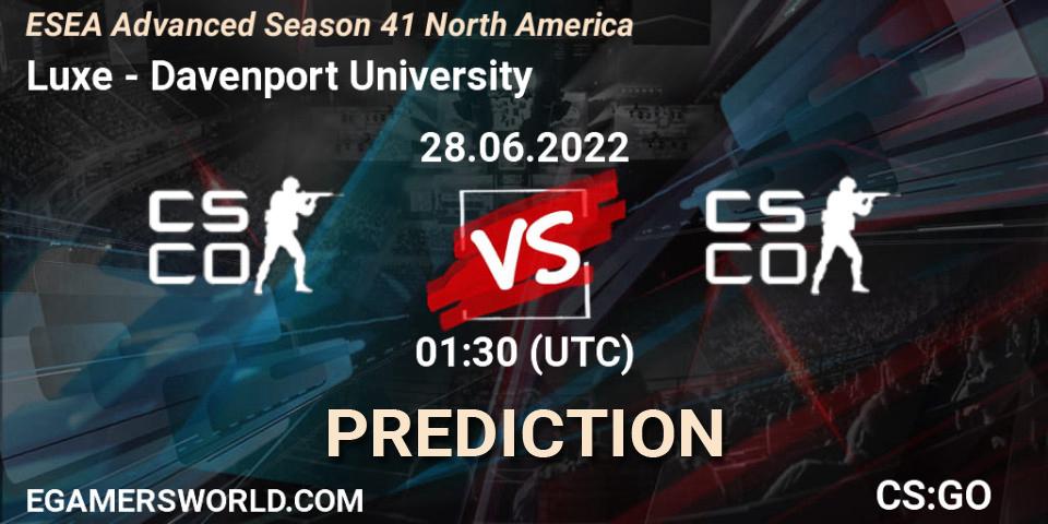 Luxe - Davenport University: ennuste. 28.06.2022 at 02:00, Counter-Strike (CS2), ESEA Advanced Season 41 North America