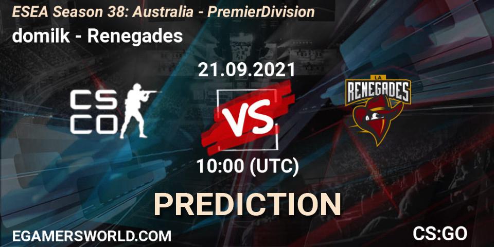 domilk - Renegades: ennuste. 21.09.2021 at 10:00, Counter-Strike (CS2), ESEA Season 38: Australia - Premier Division