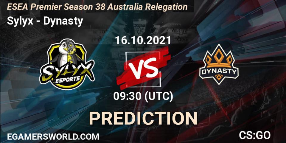 Sylyx - Dynasty: ennuste. 16.10.2021 at 09:30, Counter-Strike (CS2), ESEA Premier Season 38 Australia Relegation