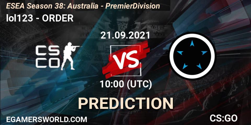 lol123 - ORDER: ennuste. 21.09.21, CS2 (CS:GO), ESEA Season 38: Australia - Premier Division