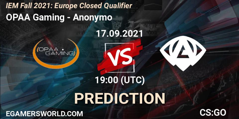 OPAA Gaming - Anonymo: ennuste. 17.09.2021 at 19:00, Counter-Strike (CS2), IEM Fall 2021: Europe Closed Qualifier