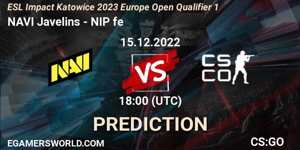 NAVI Javelins - NIP Female: ennuste. 15.12.2022 at 18:00, Counter-Strike (CS2), ESL Impact Katowice 2023 Europe Open Qualifier 1